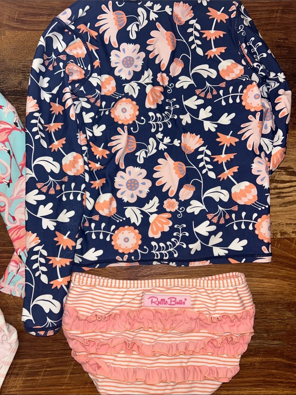 Ruffle Butts Turquoise Flamingo & Navy Floral Girls' Rashguard Set